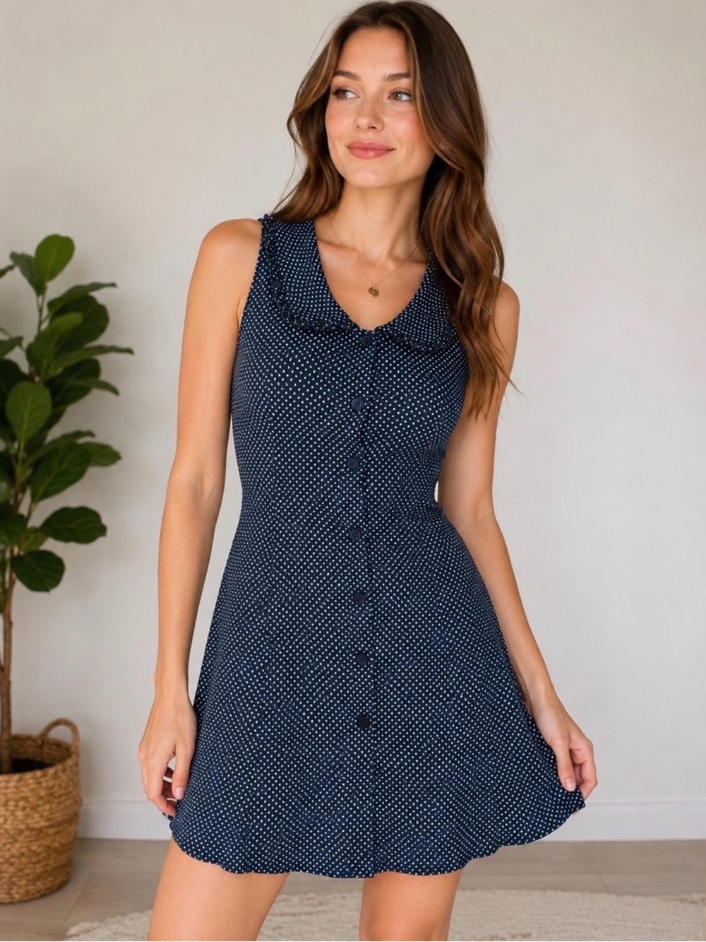 Caroline Constas Navy and White Polka Dot Button-Front Sundress